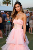 Blush Ball Gown Tiered Flowy Floor Length Formal Dress