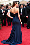 Sweetheart Navy Satin Strapless Sheath Long Formal Dress