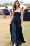 Navy Spaghetti Straps A Line Pleated Satin Long Formal Dress