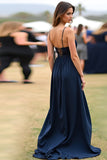 Navy Spaghetti Straps A Line Pleated Satin Long Formal Dress