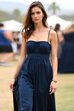 Navy Spaghetti Straps A Line Pleated Satin Long Formal Dress