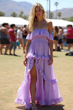 Lilac Off the Shoulder Ruffled Long Chiffon Formal Dress with slit