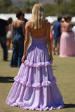 Lilac Off the Shoulder Ruffled Long Chiffon Formal Dress with slit