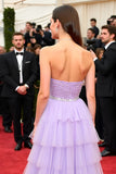 Tiered Lilac Strapless Long A Line Formal Dress with Slit