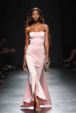 Square Neck Blush Strapless Satin Sheath Long Formal Dress