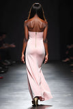 Square Neck Blush Strapless Satin Sheath Long Formal Dress