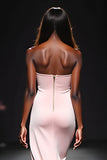 Square Neck Blush Strapless Satin Sheath Long Formal Dress