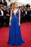 Royal Blue A Line V-Neck Floor Length Formal Dress with Sequins