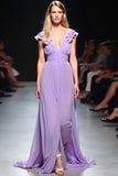 Lilac A Line V-Neck Flowy Chiffon Floor Length Formal Dress with Ruffles