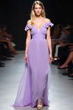 Lilac A Line V-Neck Flowy Chiffon Floor Length Formal Dress with Ruffles