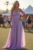 Lilac A Line Spaghetti Straps Pleated Chiffon Formal Dress with Ruffles