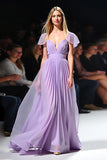 Lilac A Line V-Neck Cap Sleeves Pleated Flowy Long Formal Dress