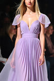 Lilac A Line V-Neck Cap Sleeves Pleated Flowy Long Formal Dress