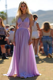 Lilac V-Neck Spaghetti Straps A Line Chiffon Long Formal Dress