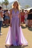 Lilac V-Neck Spaghetti Straps A Line Chiffon Long Formal Dress