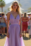 Lilac V-Neck Spaghetti Straps A Line Chiffon Long Formal Dress