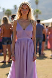 Lilac V-Neck Spaghetti Straps A Line Chiffon Long Formal Dress