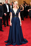 Navy Deep V-Neck A Line Sweep Train Formal Dress