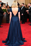 Navy Deep V-Neck A Line Sweep Train Formal Dress
