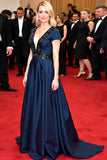 Navy Deep V-Neck A Line Sweep Train Formal Dress