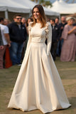 A Line Apricot Long Sleeves Floor Length Formal Dress