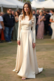 A Line Apricot Long Sleeves Floor Length Formal Dress