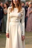 A Line Apricot Long Sleeves Floor Length Formal Dress