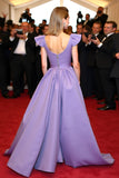 Purple V Neck A Line Empire Waist Sweep Train Formal Dress