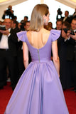 Purple V Neck A Line Empire Waist Sweep Train Formal Dress
