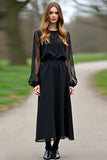 Black Scoop Column Long Sleeves Tea Length Formal Dress