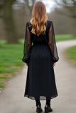 Black Scoop Column Long Sleeves Tea Length Formal Dress