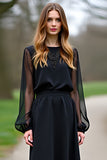 Black Scoop Column Long Sleeves Tea Length Formal Dress