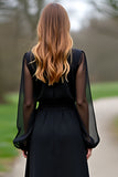 Black Scoop Column Long Sleeves Tea Length Formal Dress