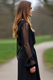 Black Scoop Column Long Sleeves Tea Length Formal Dress