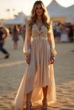 Apricot V Neck A Line Pleated High-Low Formal Dress