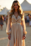 Apricot V Neck A Line Pleated High-Low Formal Dress