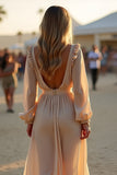 Apricot V Neck A Line Pleated High-Low Formal Dress