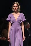 Purple V Neck A-Line Backless Wedding Guest Dress