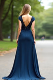 Elegant Navy V-Neck A-Line Floor Length Mother of the Bride Dress