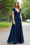Elegant Navy V-Neck A-Line Floor Length Mother of the Bride Dress