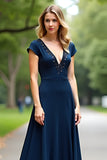 Elegant Navy V-Neck A-Line Floor Length Mother of the Bride Dress