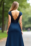 Elegant Navy V-Neck A-Line Floor Length Mother of the Bride Dress