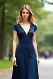 Elegant Navy V-Neck A-Line Floor Length Mother of the Bride Dress