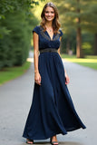 Navy V Neck A Line Long Formal Dress with Beading