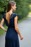 Navy V Neck A Line Long Formal Dress with Beading