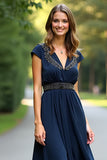 Navy V Neck A Line Long Formal Dress with Beading