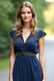 Navy V Neck A Line Long Formal Dress with Beading