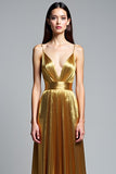Metallic V-Neck Golden Pleated A Line Long Prom Dress