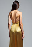 Metallic V-Neck Golden Pleated A Line Long Prom Dress