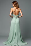 A Line Green V-Neck Pleated Long Wedding Guest Dress with Beading